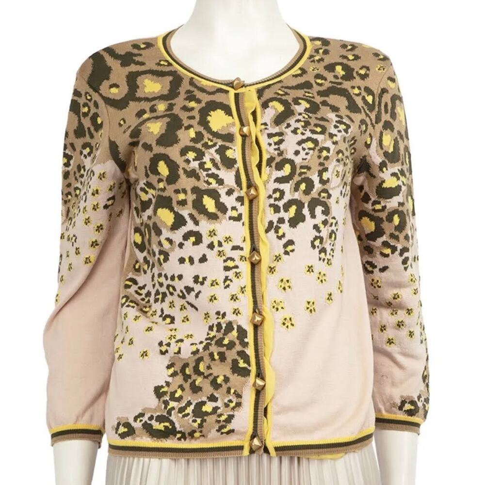Red Valentino Women's Leopard Ruffle Trim Cardigan Medium Pink